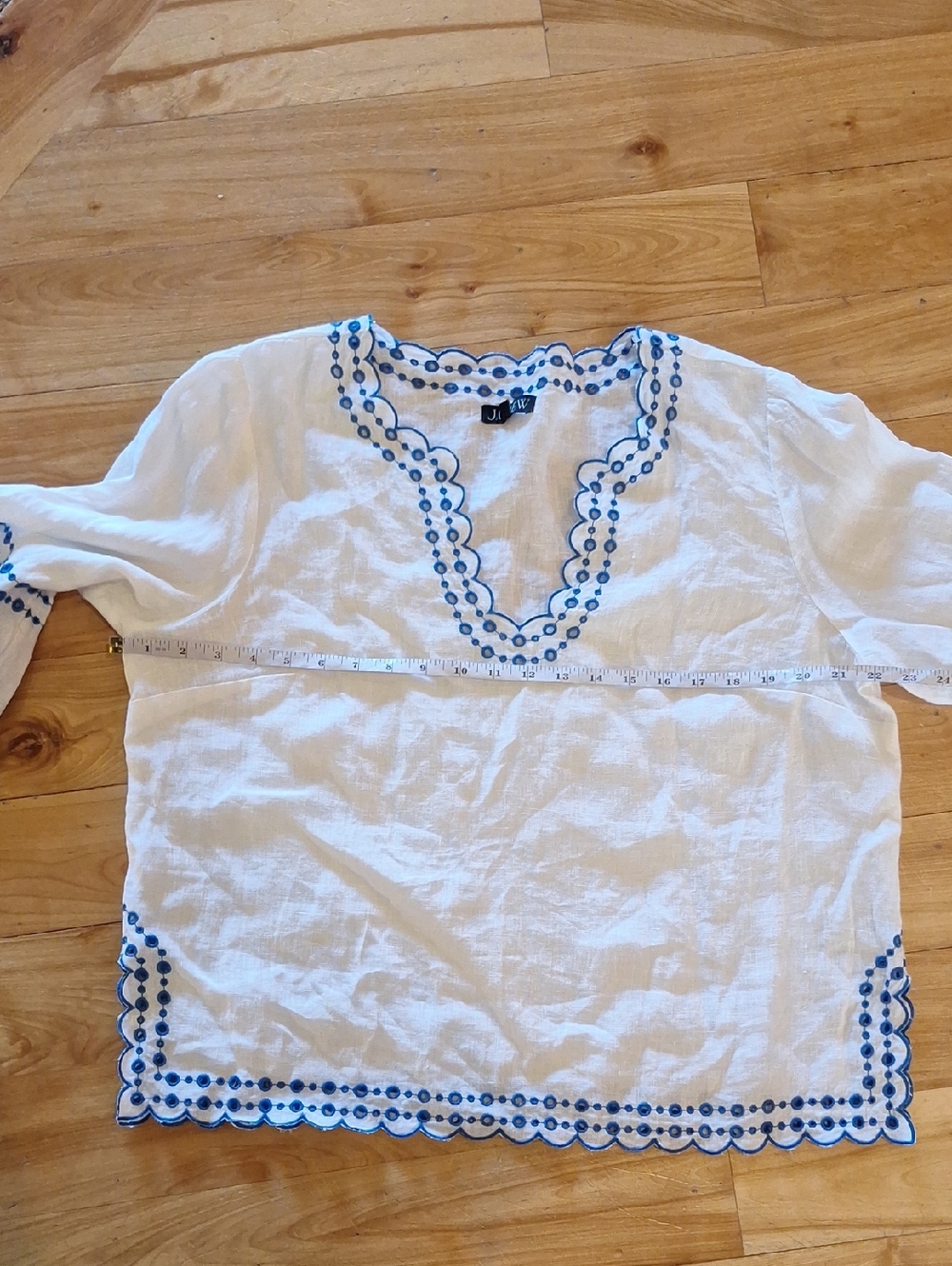 J. Crew Bungalow Embroidered Tunic Top Linen White & Blue Size L - Picture 7 of 12